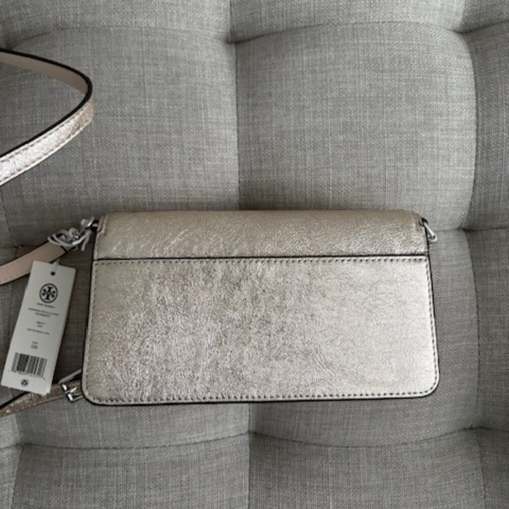 NWT Tory Burch Emerson Metallic Leather Mini Crossbody - White Gold - Picture 3 of 3